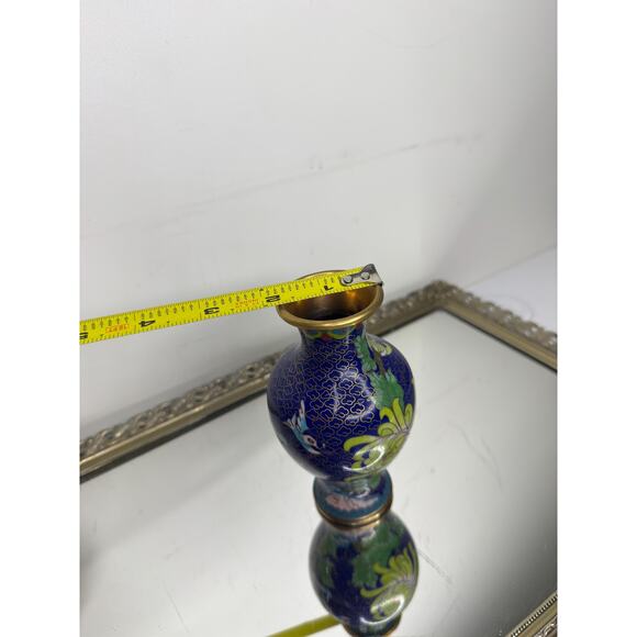 Vintage Cloisonné Vase 6" Floral Oriental Jar~Blue Enamel Pink Florals - Picture 9 of 9